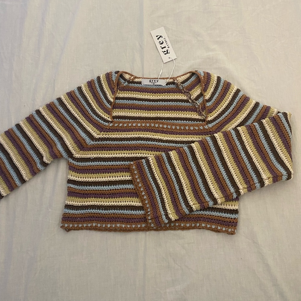 Grey Bandit Striped Crocheted Sweater